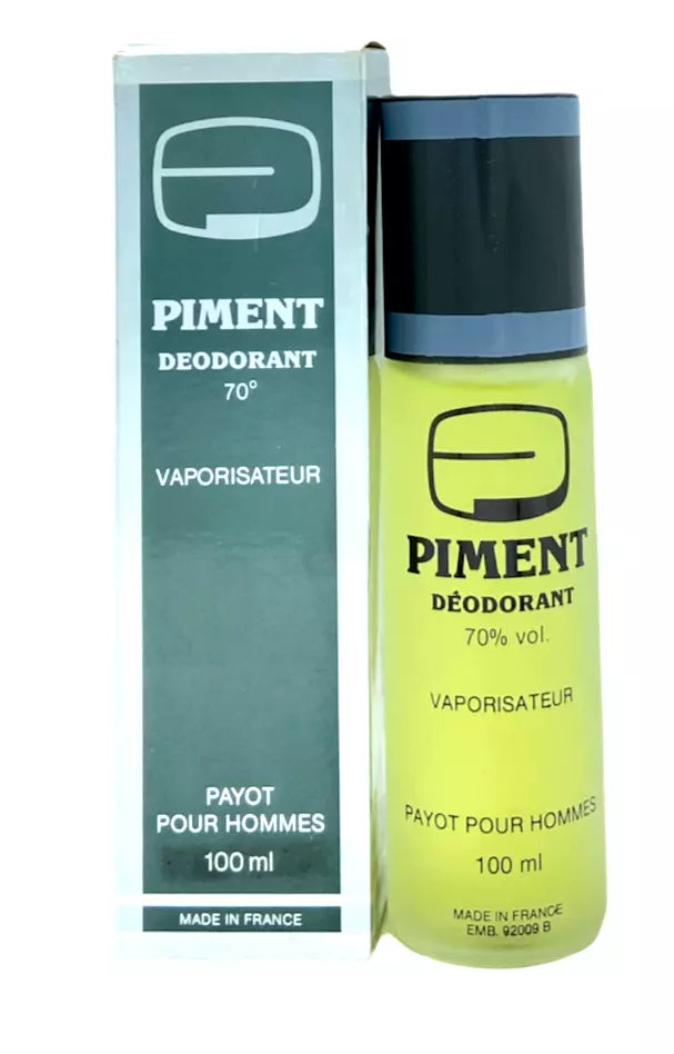 Flakon des Payot - Piment Pour Hmmes Deodorant Sprays. Langanhaltendes, maskulines Deo-Spray mit würzigem Duft für frischen Schutz den ganzen Tag