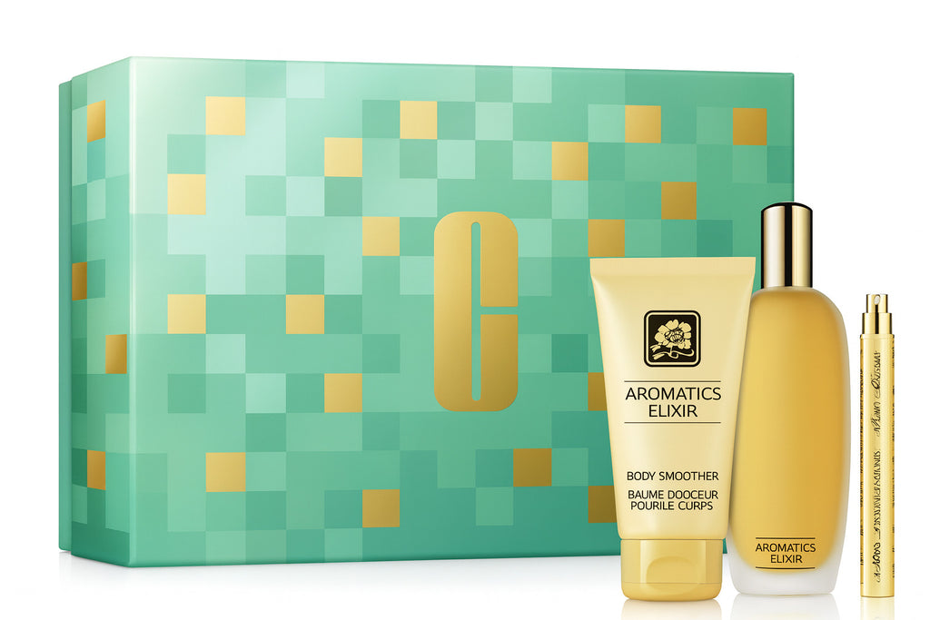 Clinique Aromatics Elixir Set mit Parfum 100 ml, 10 ml und Body Lotion 75 ml.