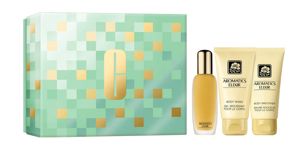 Clinique Aromatics Elixir Set mit 45 ml Perfume Spray, Body Wash und Body Lotion.