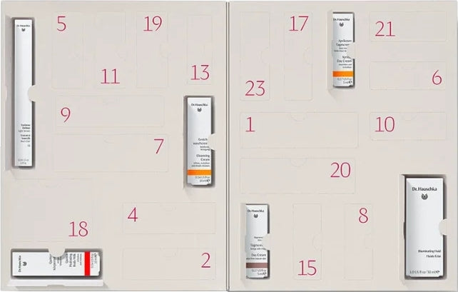 Dr. Hauschka Daily Delight Adventskalender – geöffneter Kalender mit Pflegeprodukten