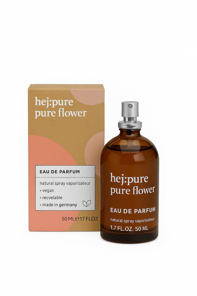 hej:pure pure flower Eau de Parfum 50 ml – veganes Naturparfüm in brauner Glasflasche mit recycelbarer Verpackung, floraler Duft für Damen, ideal für nachhaltige Kosmetikshop