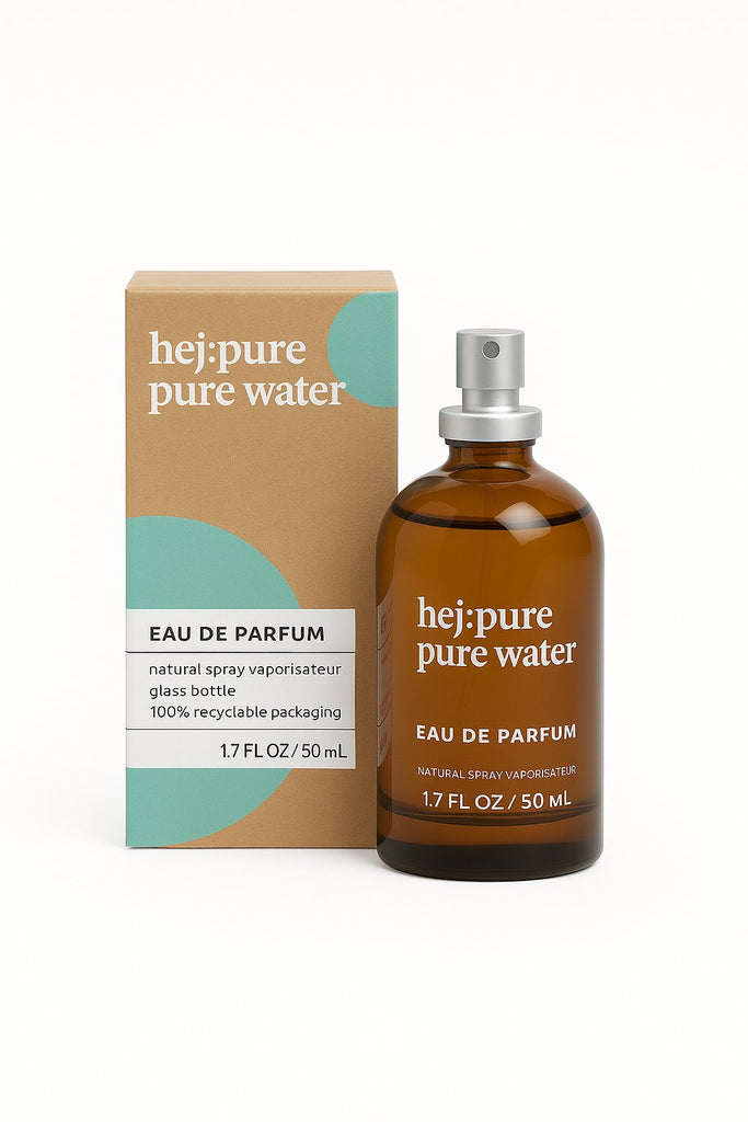hej:pure pure water Eau de Parfum 50 ml – natürliches veganes Damenparfüm in Glasflasche mit nachhaltiger Verpackung, Bio Duft ohne Tierversuche auf weißem Hintergrund – ideal für Naturkosmetik Onlineshop