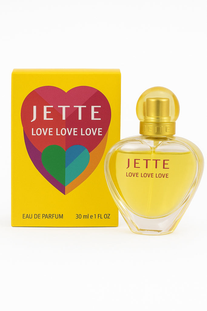 JETTE Love Love Love Eau de Parfum 30ml – Herzförmiger Flakon neben bunter Verpackung