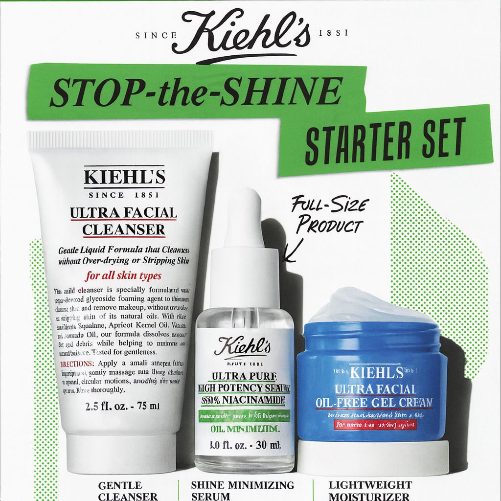 Kiehl’s Stop the Shine Starter Set mit Cleanser, Serum und Gel-Creme – Gesichtspflege für fettige und glänzende Haut