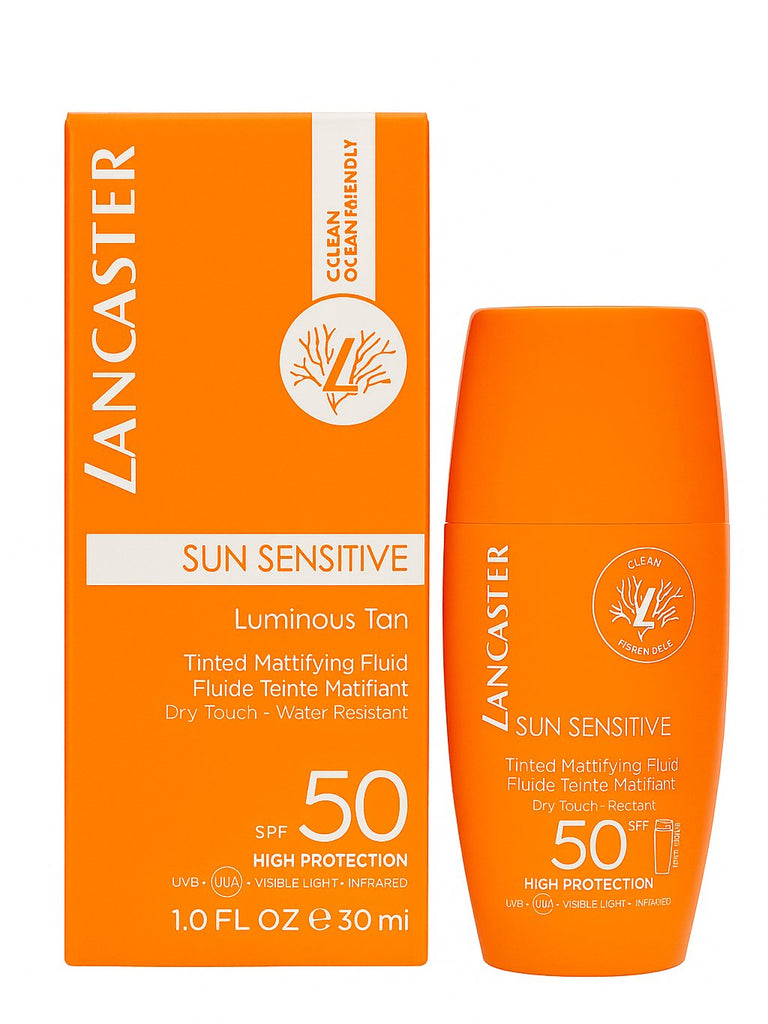 Lancaster Sun Sensitive SPF 50 – getöntes, mattierendes Sonnenfluid für empfindliche Haut, wasserfest mit hohem UV-Schutz