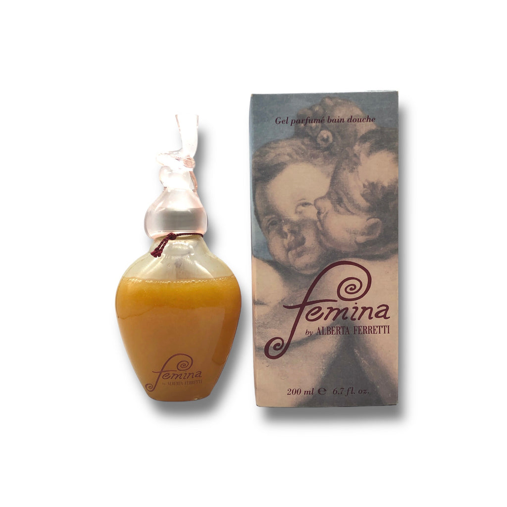 Flasche des Alberta Ferretti - Femina Perfumed Bath Shower Gel. Luxuriöses Duschgel mit einem femininen, blumigen Duft, das sanft reinigt und die Haut geschmeidig hinterlässt.